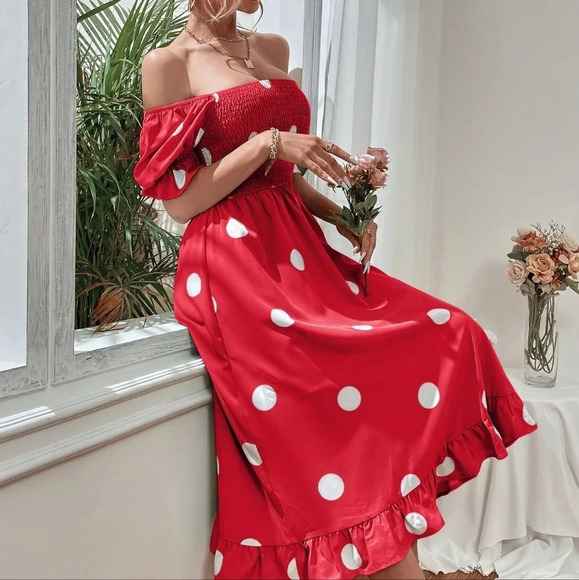 Polka Dot Print Square Neck Puff Sleeve Ruffle Hem Dress - Picture 1 of 3